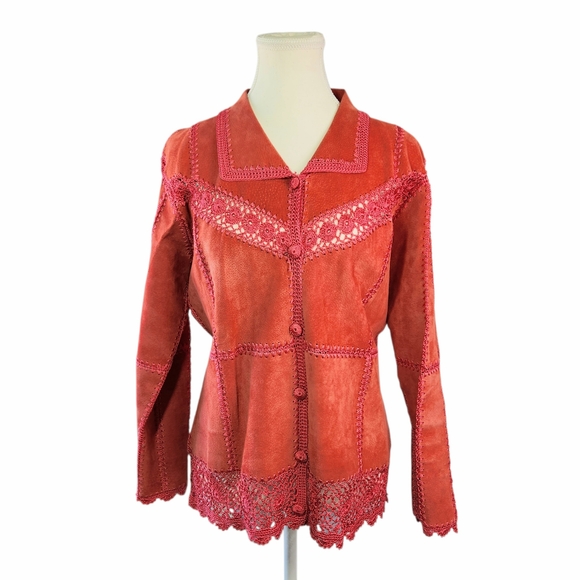 Vintage Suede Crochet Patchwork Jacket XL Boho Western Pink Coral Button Front - Picture 12 of 16